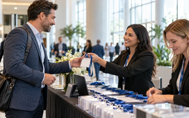 Conference staff issuing a badge at the registration desk