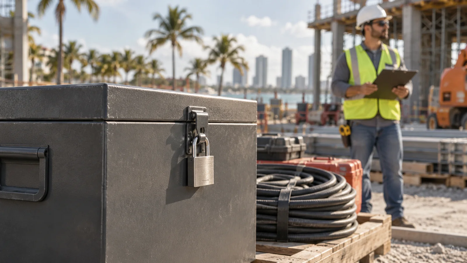 Locked equipment storage box with a site checklist