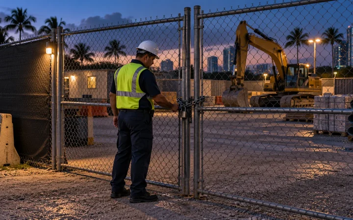 Supervisor checking a fenced construction site at dusk