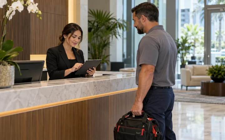 Receptionist checking an appointment with a visiting contractor