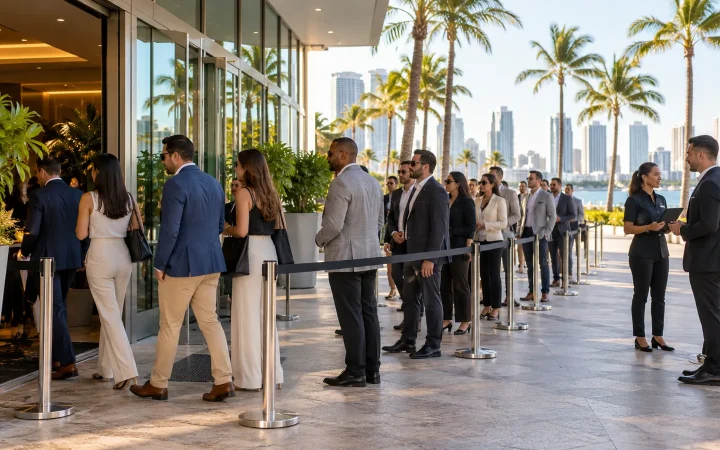Orderly conference arrival queue with event staff coordinating beside an open walkway