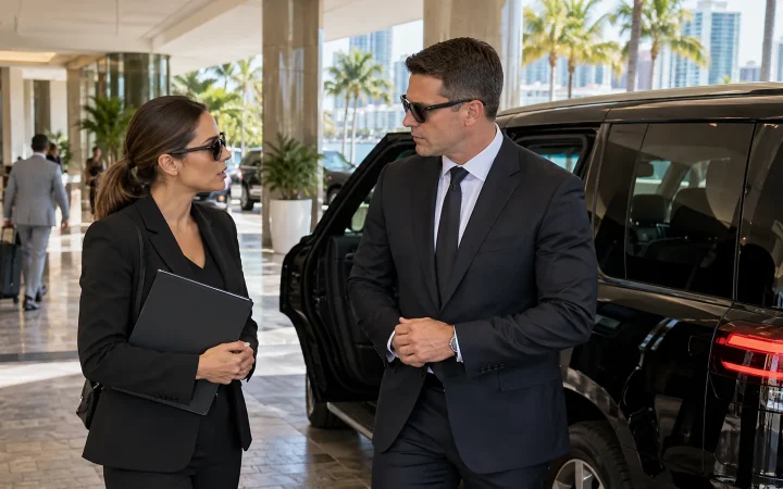 Executive assistant coordinating a business arrival with a protection professional beside an SUV