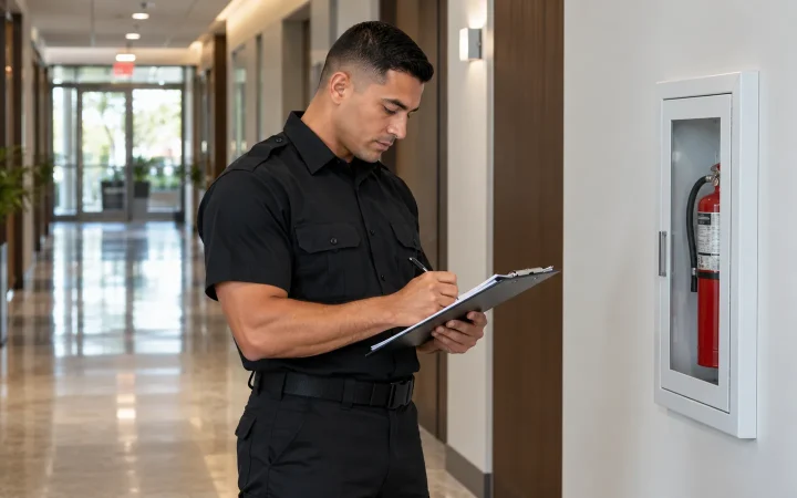 Fire watch officer recording observations on a clipboard