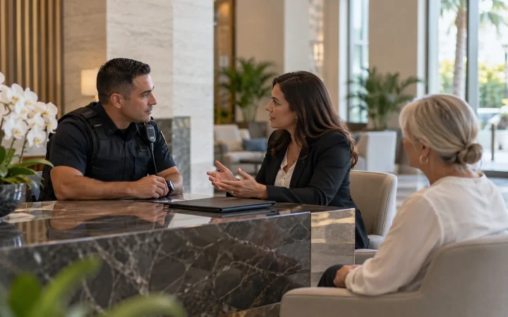 Property manager and officer discussing a resident concern