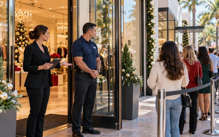Store manager and security officer coordinating a retail entrance and customer queue
