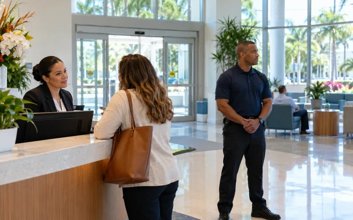 Hospital visitor services staff assisting a visitor near a spacious reception area