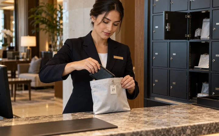 Hotel employee placing a found item into a storage pouch