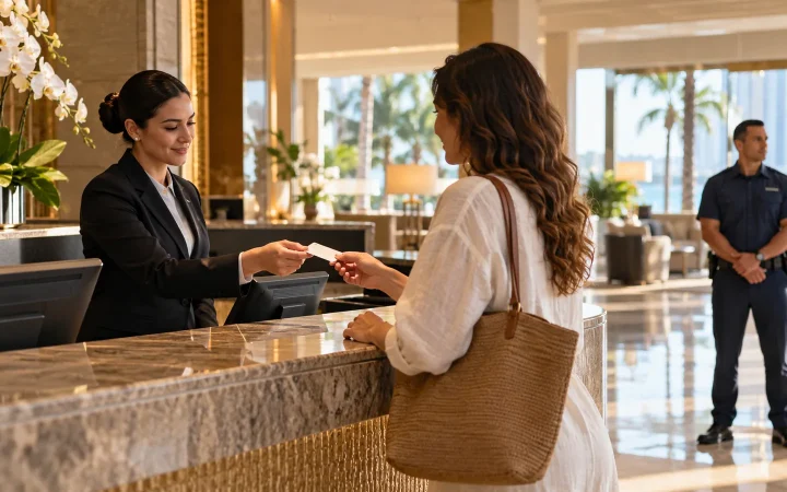 Hotel receptionist helping a guest with a room key while an officer stands nearby