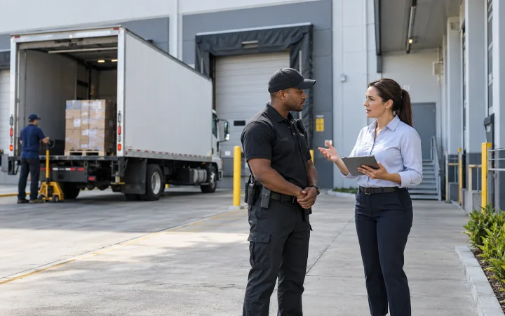 Security officer and dock supervisor coordinating a delivery arrival
