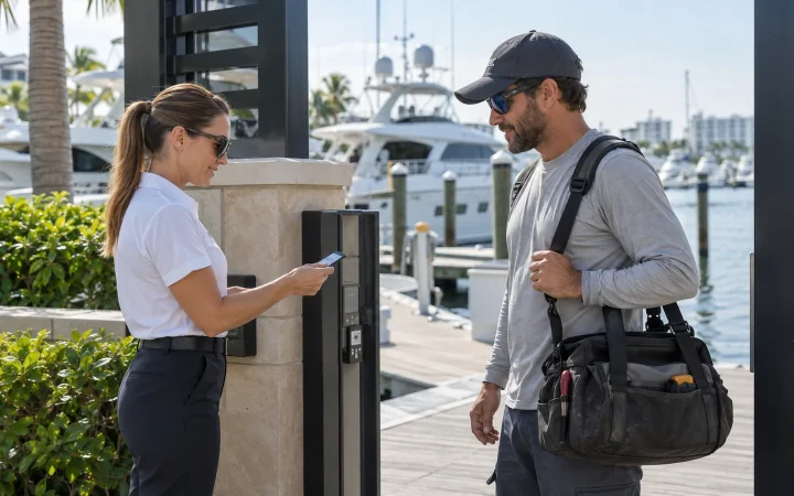 Marina manager checking in a visiting marine technician