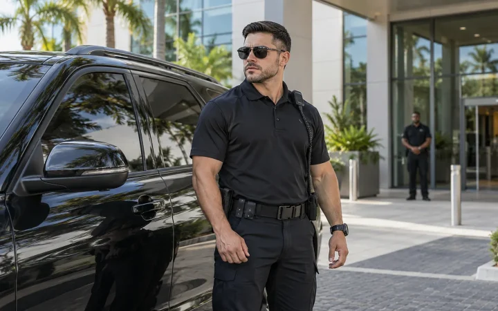 Security officer beside a patrol vehicle at a commercial property