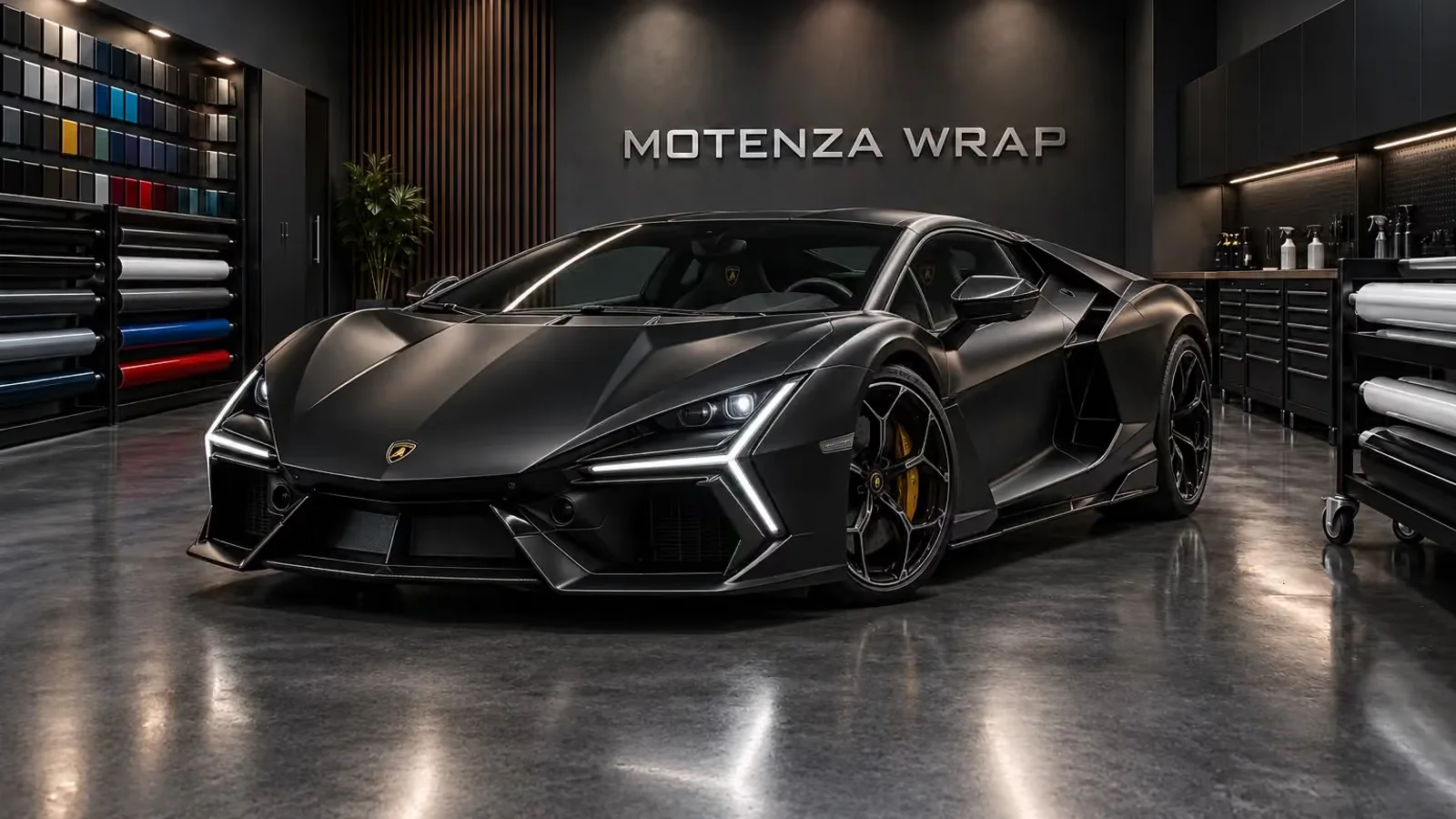 Satin-black Lamborghini from Motenza Wrap’s finish collection