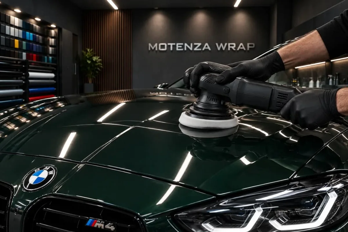 Polishing the hood of a deep-green BMW, from Motenza Wrap’s visual collection