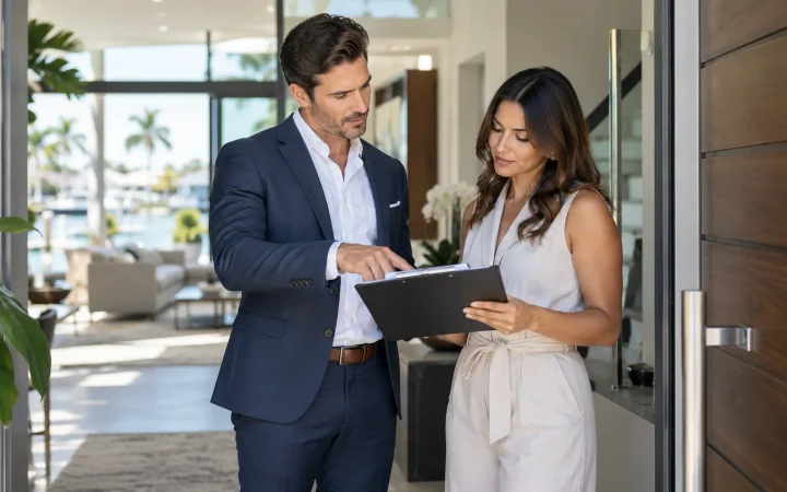 Real estate hosts reviewing documents before an open house