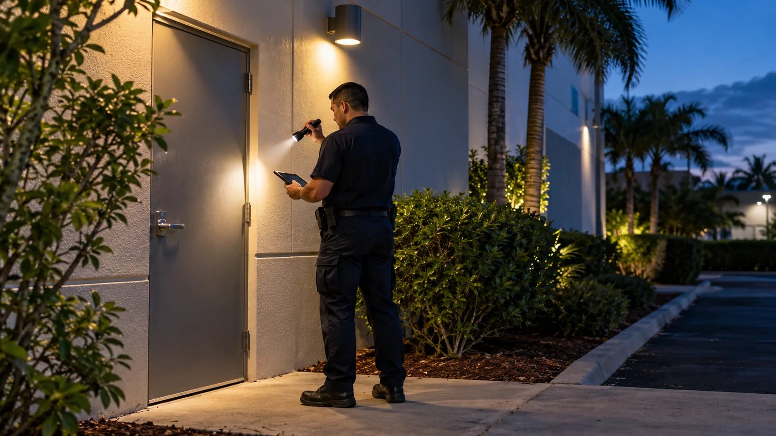 Security officer checking an exterior door during an evening patrol