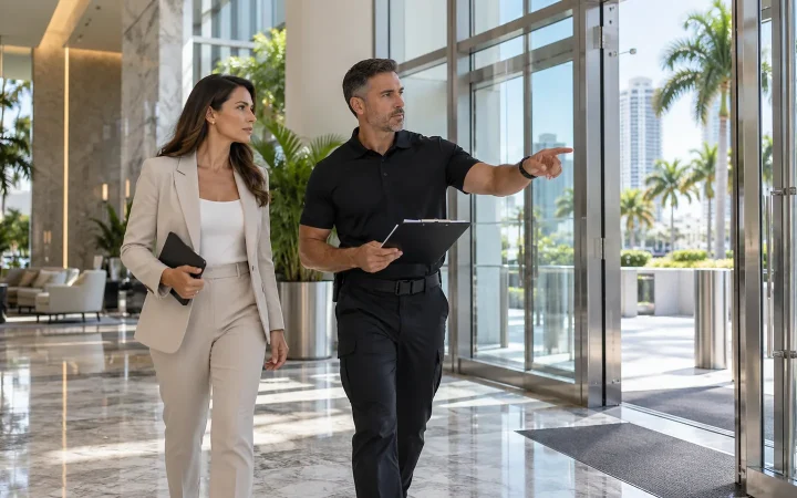 Property manager and security consultant reviewing a commercial building entrance