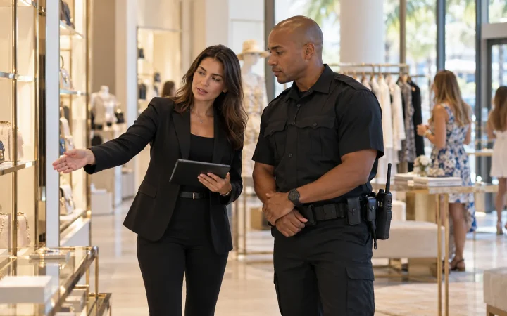 Store manager and security officer reviewing a retail display