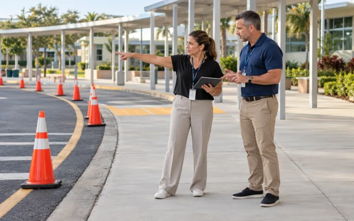 School staff reviewing a pickup area before dismissal
