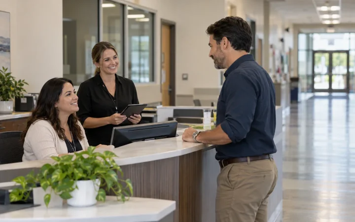 School reception staff checking in an adult visitor