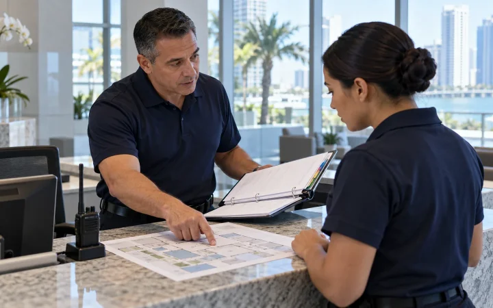 Security supervisor reviewing a site instruction binder with an officer at a reception desk