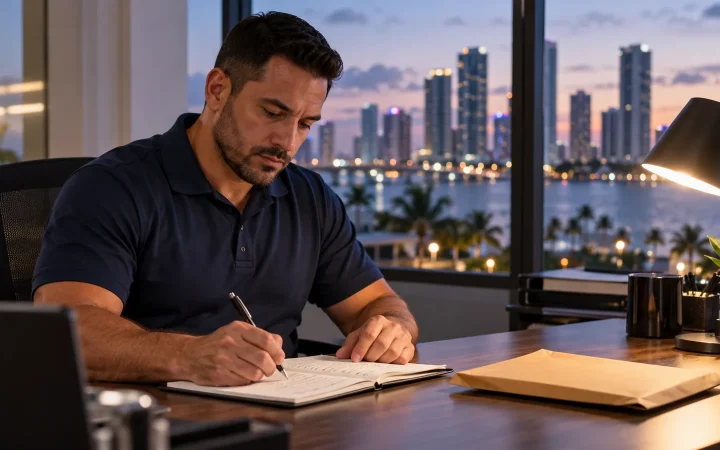 Security supervisor writing a factual report at an office desk