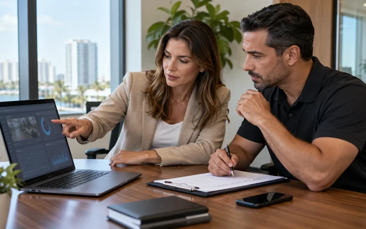 Property manager and supervisor reviewing a service scorecard