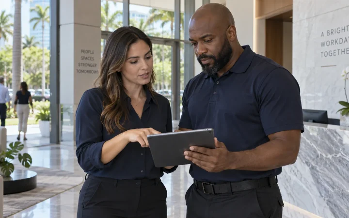 Property managers reviewing a security patrol report on a tablet