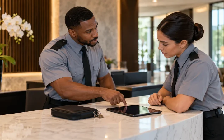 Security officers reviewing records during a shift handover
