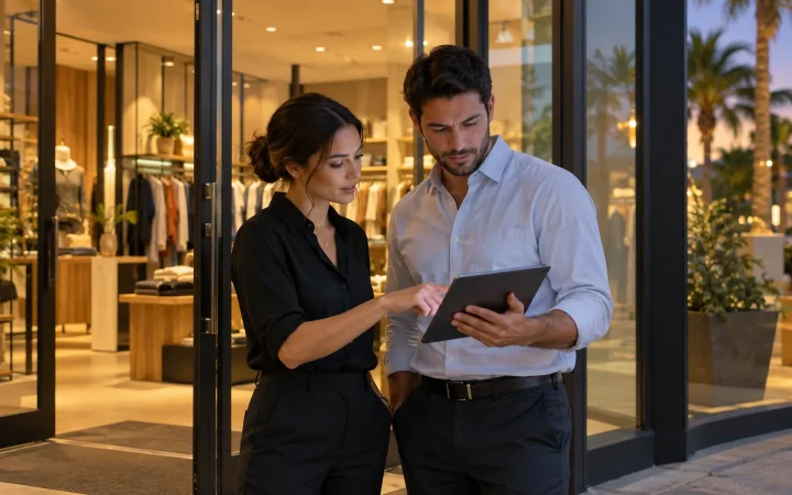 Retail employees reviewing closing tasks beside a shop entrance