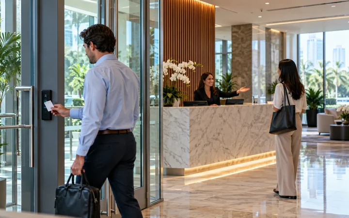Employee using a badge reader while reception directs a visitor to check-in