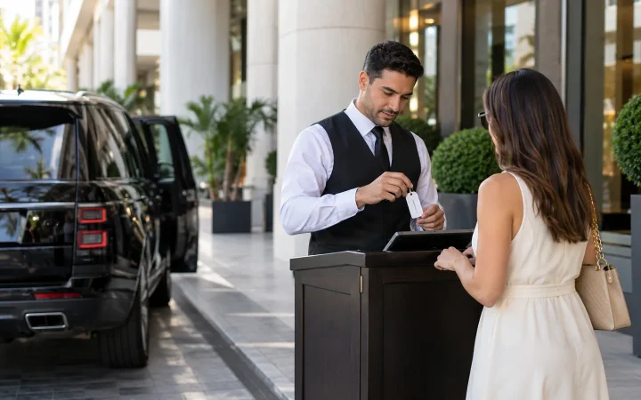 Valet employee reviewing a key reference with a customer