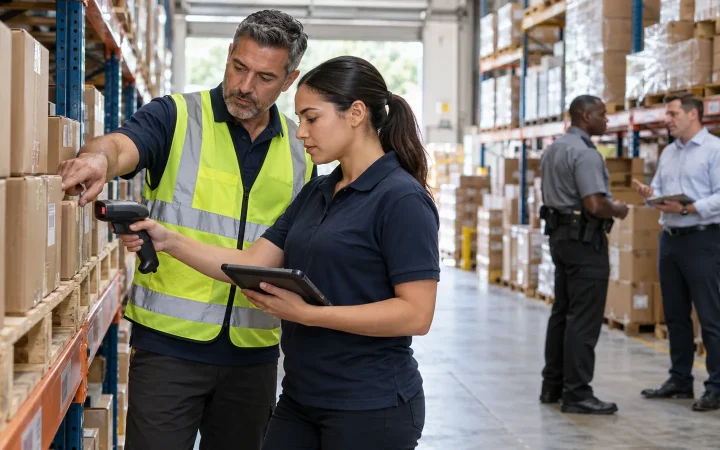 Warehouse employees checking cartons and inventory records