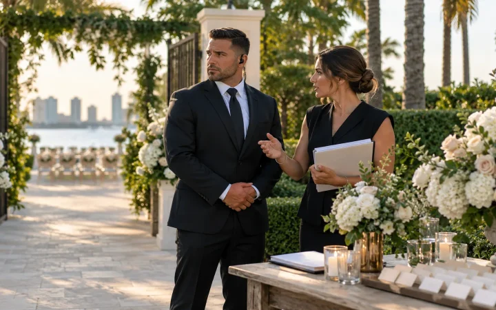 Wedding planner and security representative beside an outdoor reception